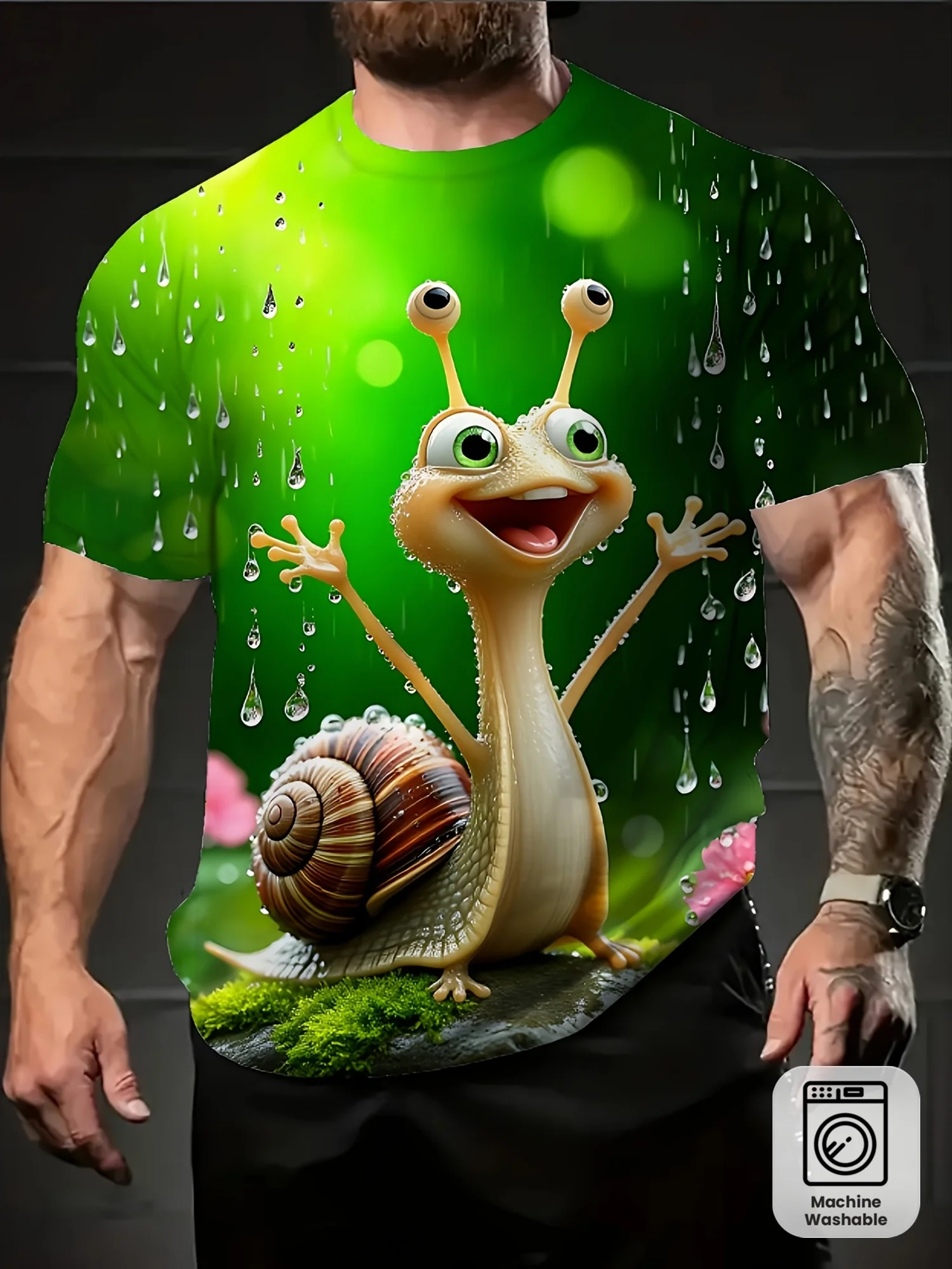 Men's Crew Neck Short Sleeve T Shirt 3D Cartoon Happy Snail Rain Drop Green Moss Floral Print Summer Casual Tops