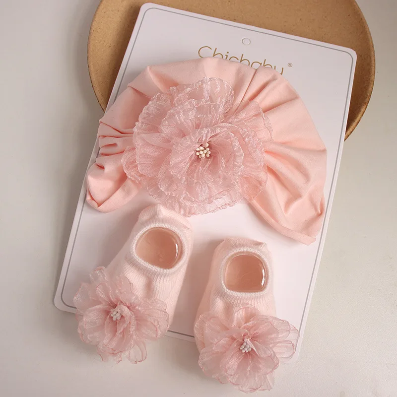 2Pcs Baby Girls Flower Cap Socks Set Cute Floral Newborn Short Tube Sock+ Turban Hat Summer Thin Infant Indian Caps