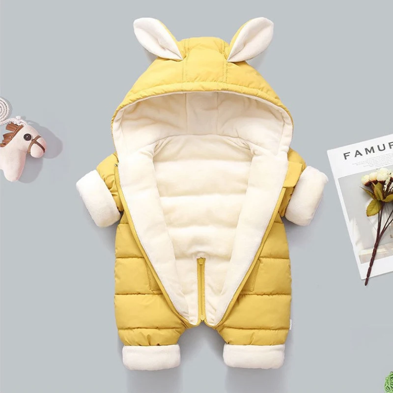 Baby Clothes Newborn autumn Winter Clothing Go Out Fleece-lined Thickened Cute Warm Baby Hahi Open-crotch Onesie Hooded Romper