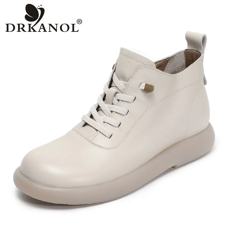 

DRKANOL модные женские ботинки на плоской подошве, повседневные короткие ботинки ручной работы из натуральной кожи с круглым носком и мягкой подошвой на низком каблуке с эластичной лентой