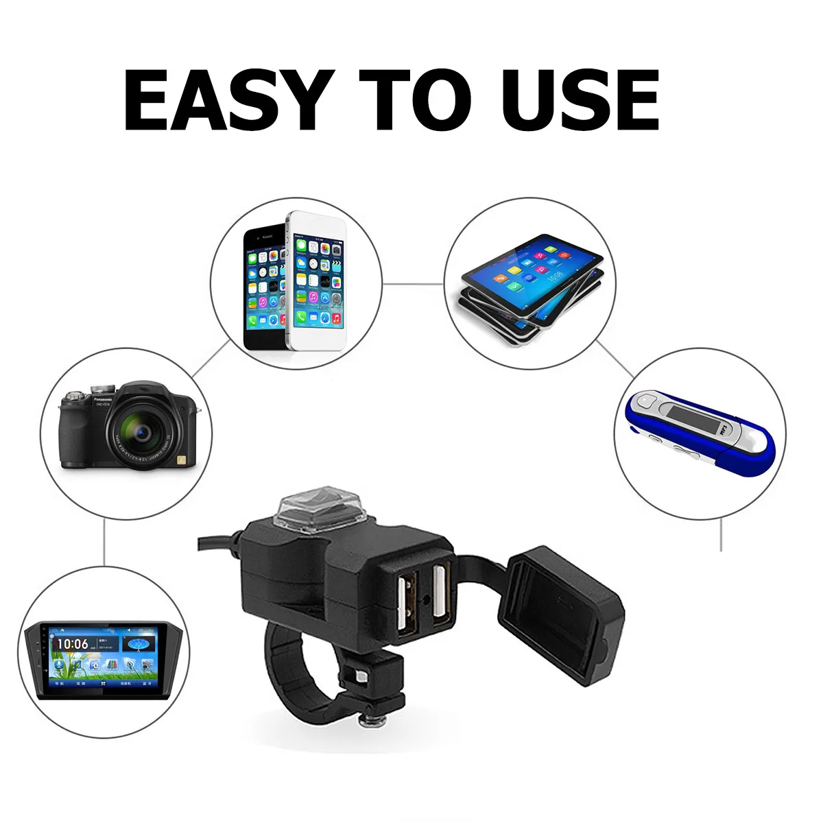 

Motorcycle USB 12V Waterproof Rearview Mirror Power Adapter Dust Rain Protection Easy Installation