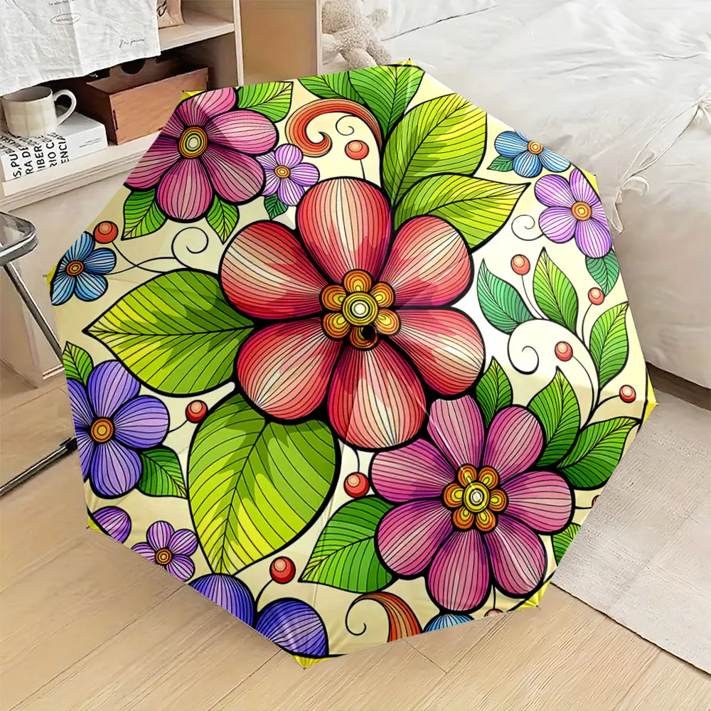1PC Floral-patterned umbrella decor brightens up the room Print 8 Iron Ribs Folding Umbrella Auto-Open Fashion Sunshade