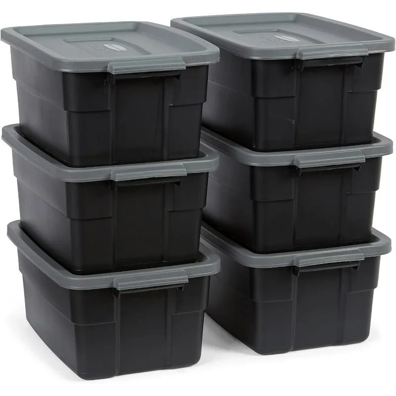 

Roughneck Tote 3 Gal, 6 Pack, Made in USA, Black Gray, Rugged Plastic Stackable Storage Bins with Lids and Handles