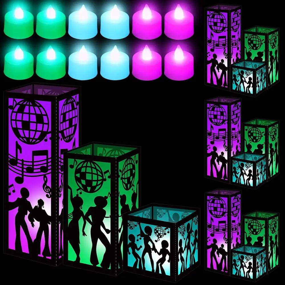 Rossesay 12 Sets de Centros de Mesa o Decoraciones de Mesa con Temática Disco, 3 Tamaños, Bolas de Discoteca de los 70, Linternas de Papel de Bailarina, Cajas, Ideas de Decoración para Mesa o Estilo Años 70 y 80