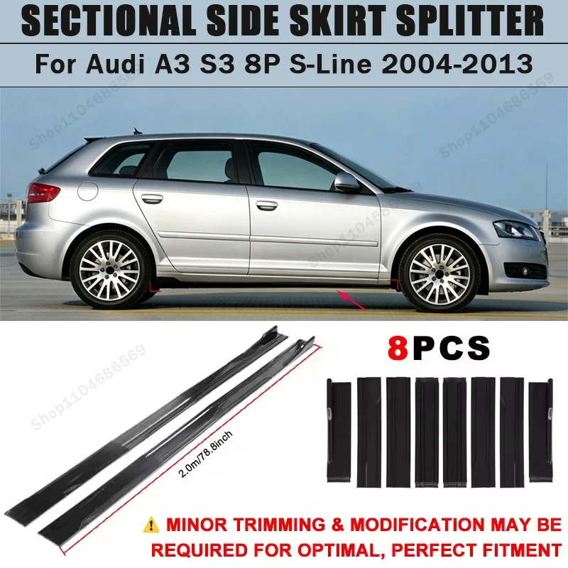 For Audi A3 S3 8P S-Line 2004-2013 Side Skirts Extension Rocker Panel Splitter 78.7" ABS Plastic Body Kit Tuning 2005 2006 2012