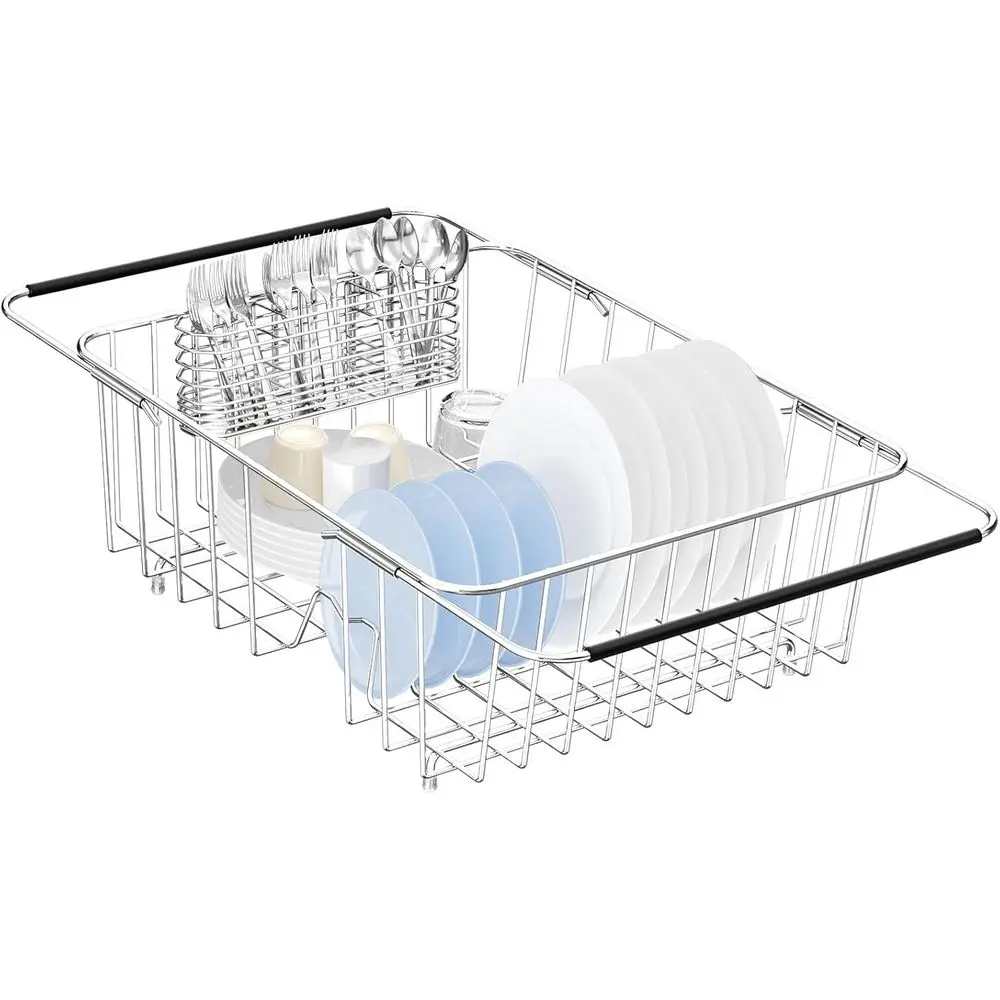 

Expandable, Adjustable 304 Stainless Steel Metal Dish Drainer Rack Organizer with Utensil Holder Over Inside Sink Counter
