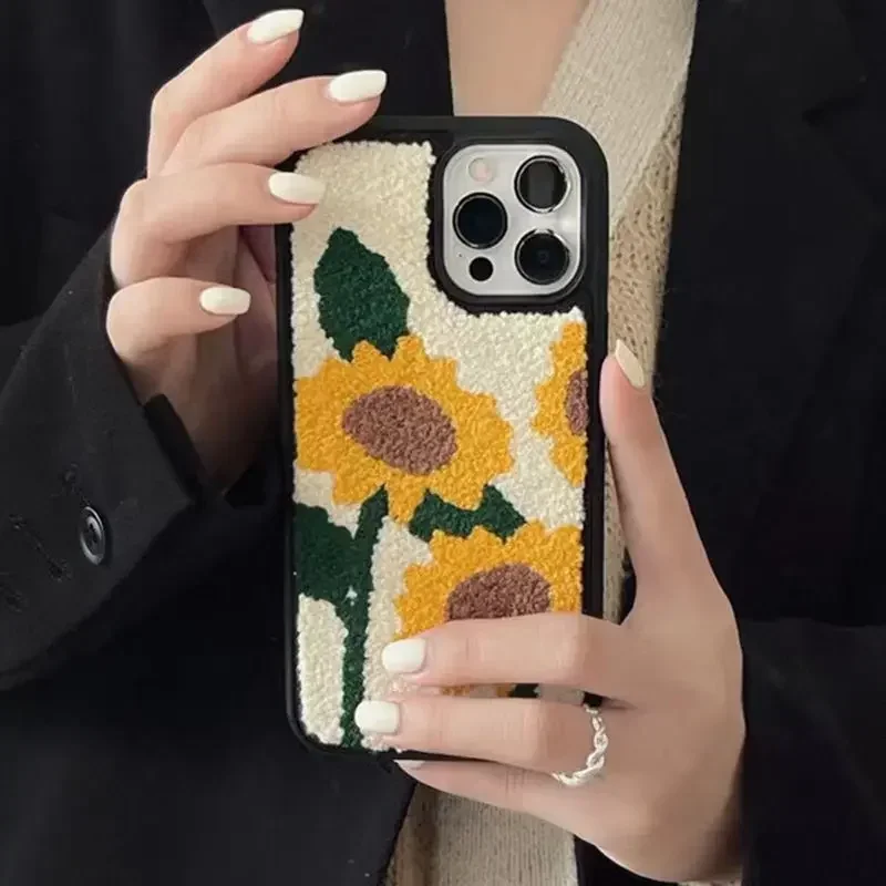 Cartoon Cute Flower Embroidery Case for iPhone 15 13 14 12 Pro Max 11 X Xr Xs Winter Plush Shockproof Cover for iPhone 15Pro