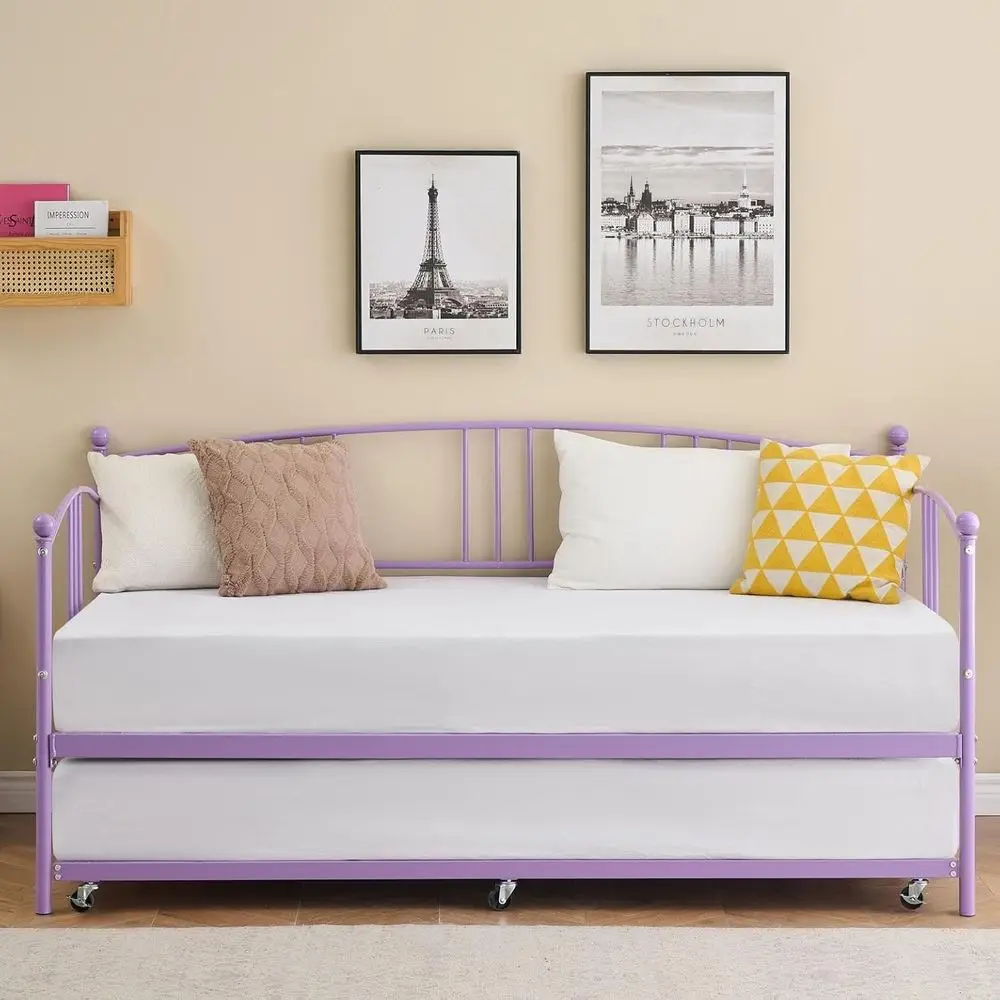 Purple Twin Metal Sofa Bed with Arched Headboard, Premium Steel Slat Support, Space-Saving for Living Rooms and Guest Quarters