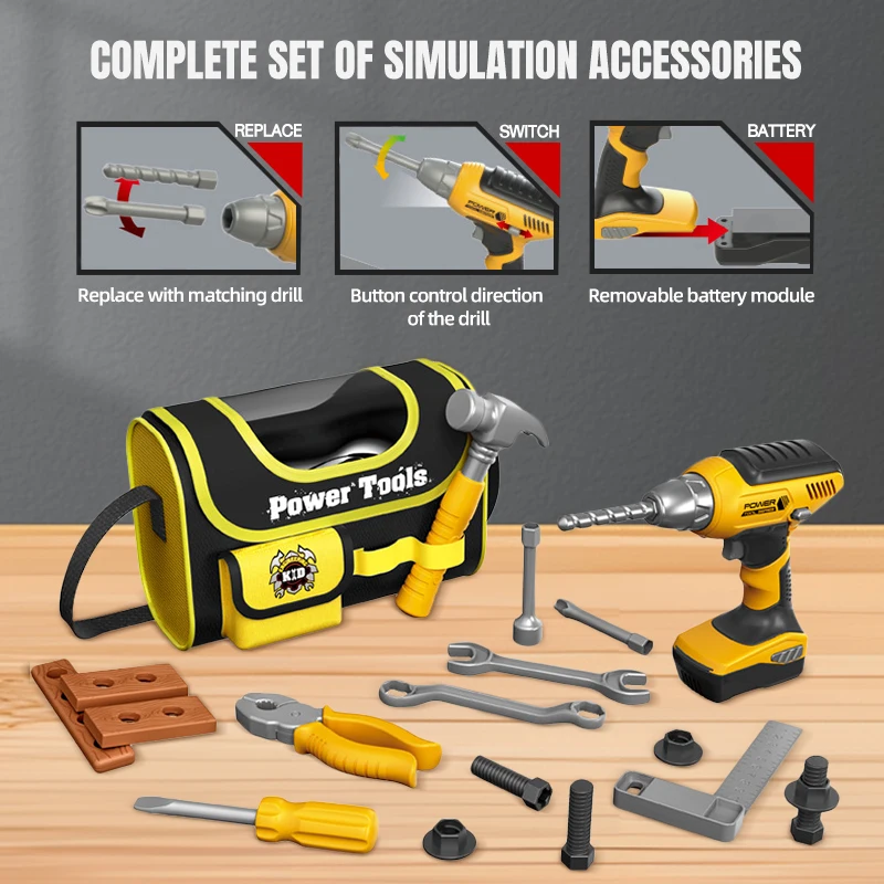 Children's Tool Set with Electric Toy Drill Kids Power Construction Toy Pretend Play Toy Tools Kit for Toddler Boys Girls Kid