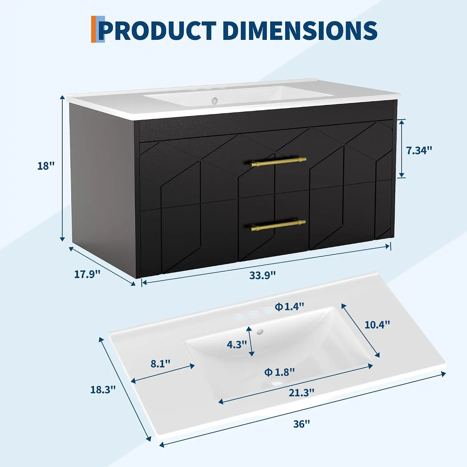 Floating Bathroom Vanity with Sink 36 inch, Modern Bathroom Sink Cabinet, Ceramic Vanity Top, 2 Large Storage, Customized