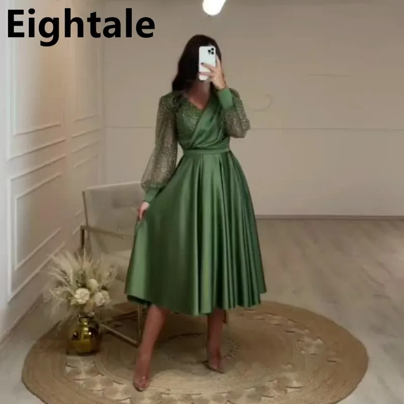 Eightale Army Green Tea Length Glitter Long Puff Sleeve Arabic Evening Dress For Wedding 2022 Short Women Formal Party Gown