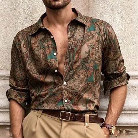 Men's Collared Long-Sleeved Shirt with a Flowing Drape, Plus-Size Vacation-Style Casual Cardigan Top.