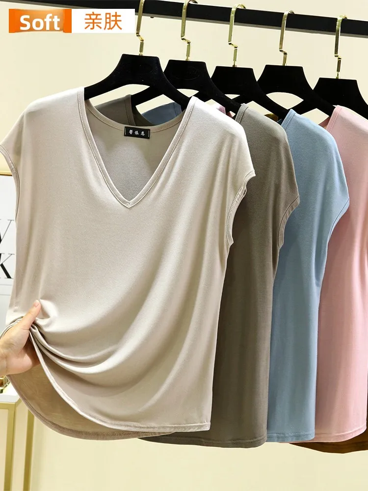 

Свободная повседневная женская футболка из модала, летняя, тонкая, больших размеров, свободного кроя, с эффектом похудения, цветная, с V-образным вырезом, стандартной длины