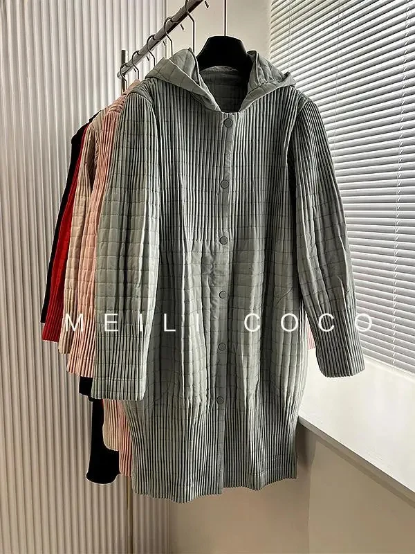 ALSEY Miyake Pleated Solid Fashion Hooded Women\'s Jacket 2024 Autumn Winter New Long-sleeved Slim Single-breasted Cotton Jacket