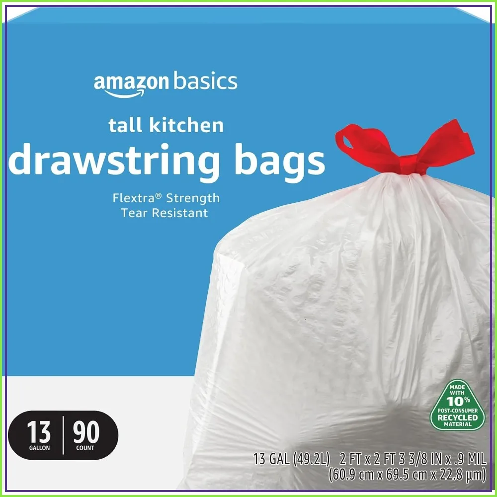 13 Gallon Tall Kitchen Drawstring Trash Bags, Tear Resistant, 90 Count, White