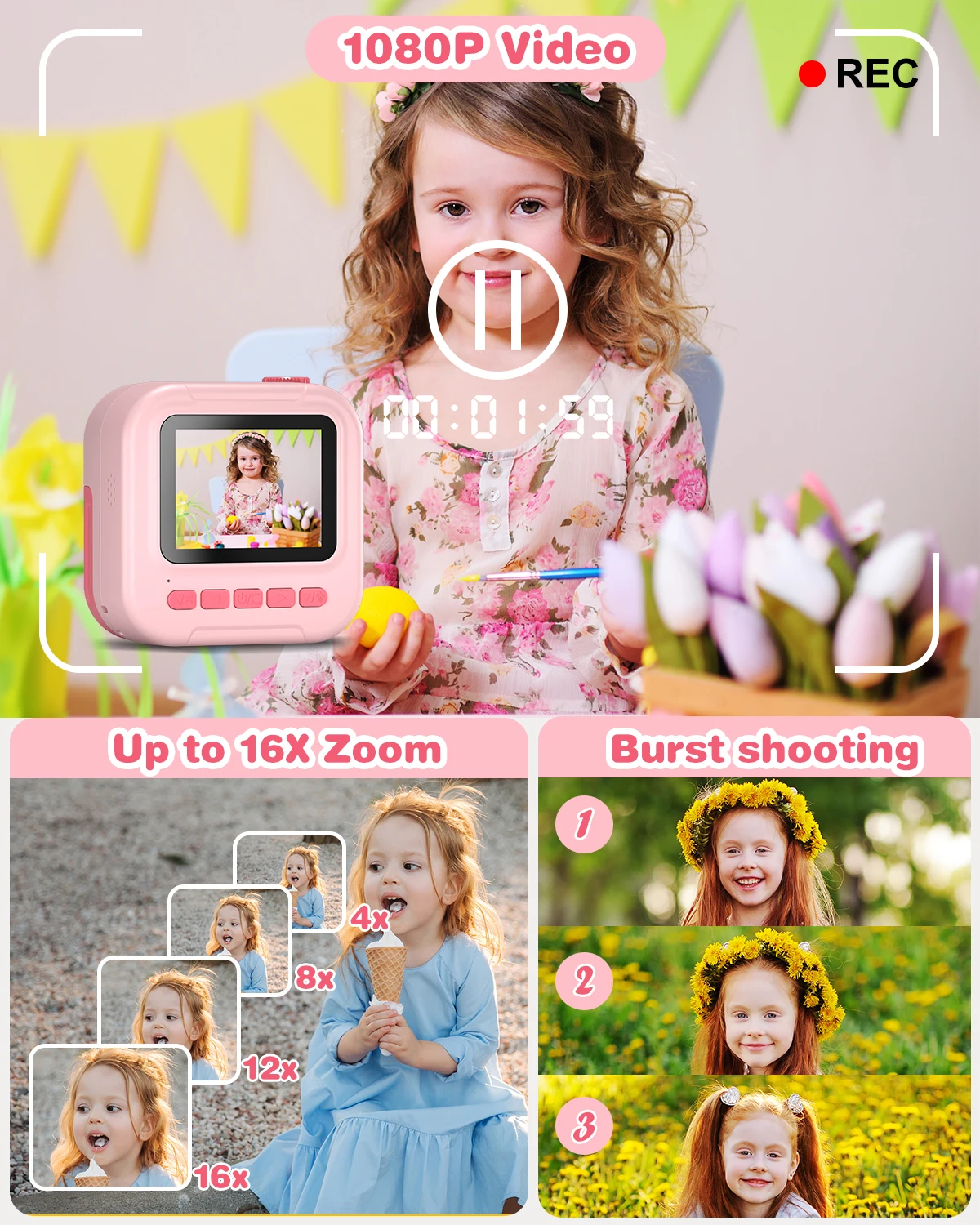 Instant Print Camera voor kinderen 2,4 "HD 1080P Digitale camera Speelgoed 32MP Draagbare Instant Camera met 3 rollen printerpapier voor 6-12 jaar