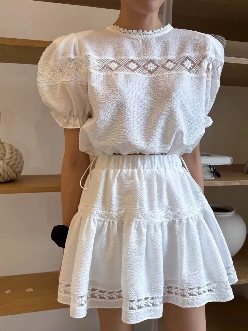 

Retro Lace Bubble Sve irt Women's High Waist Slim Fit f Skirt Set Summer New Sle Ele Hollow out Design