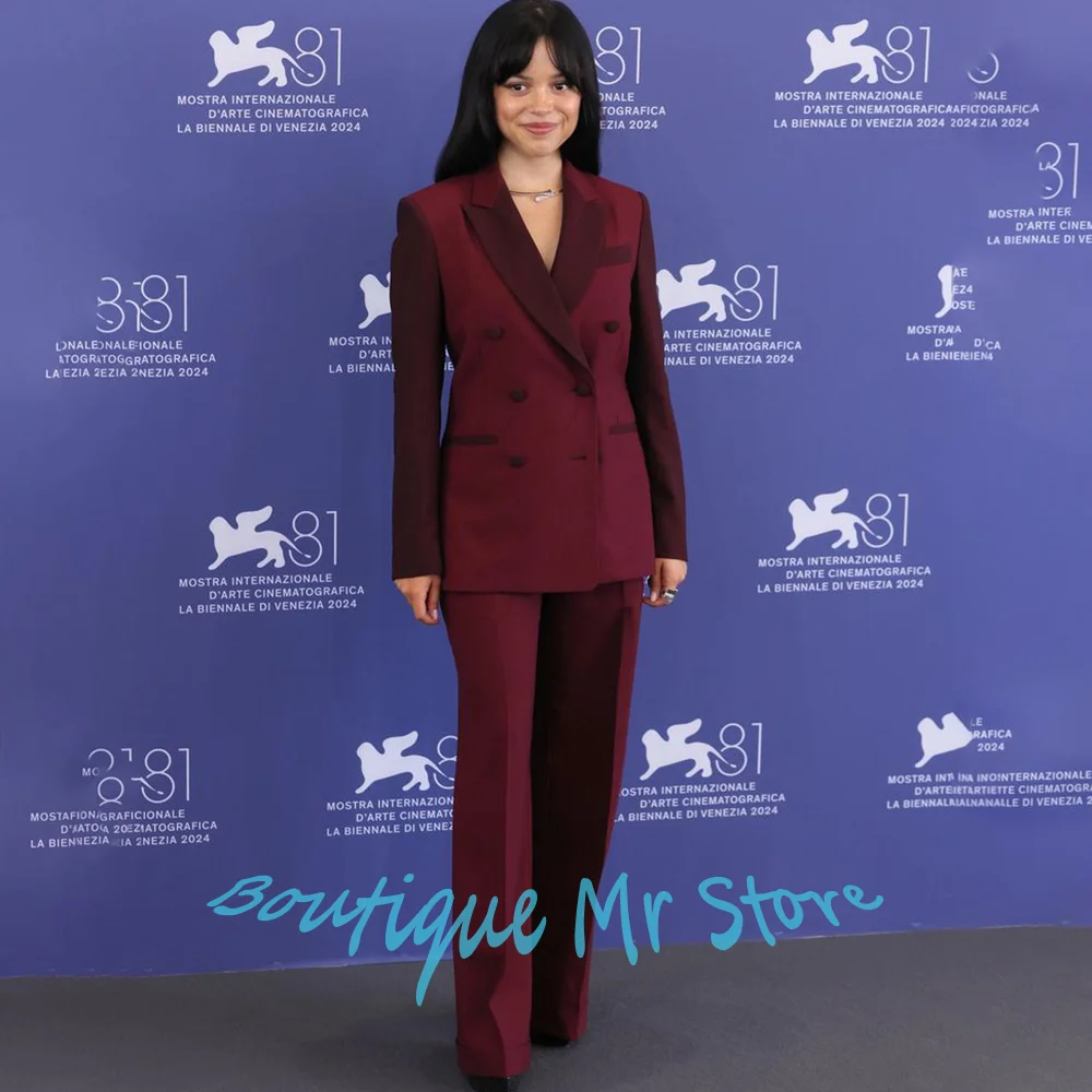 Women's Burgundy Color-blocked Suit Peak Lapel Double Breasted 2 Piece Jacket Pants Set Formal Office Business Blazer