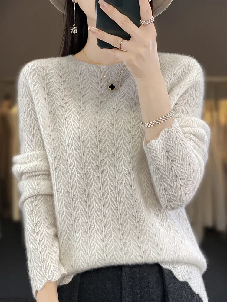 Pure Cashmere Sweater Women\'s Round Neck Hollow Pullover Sweater Solid Color Loose Sweater Knitting Long Sleeve Top Winter 2024