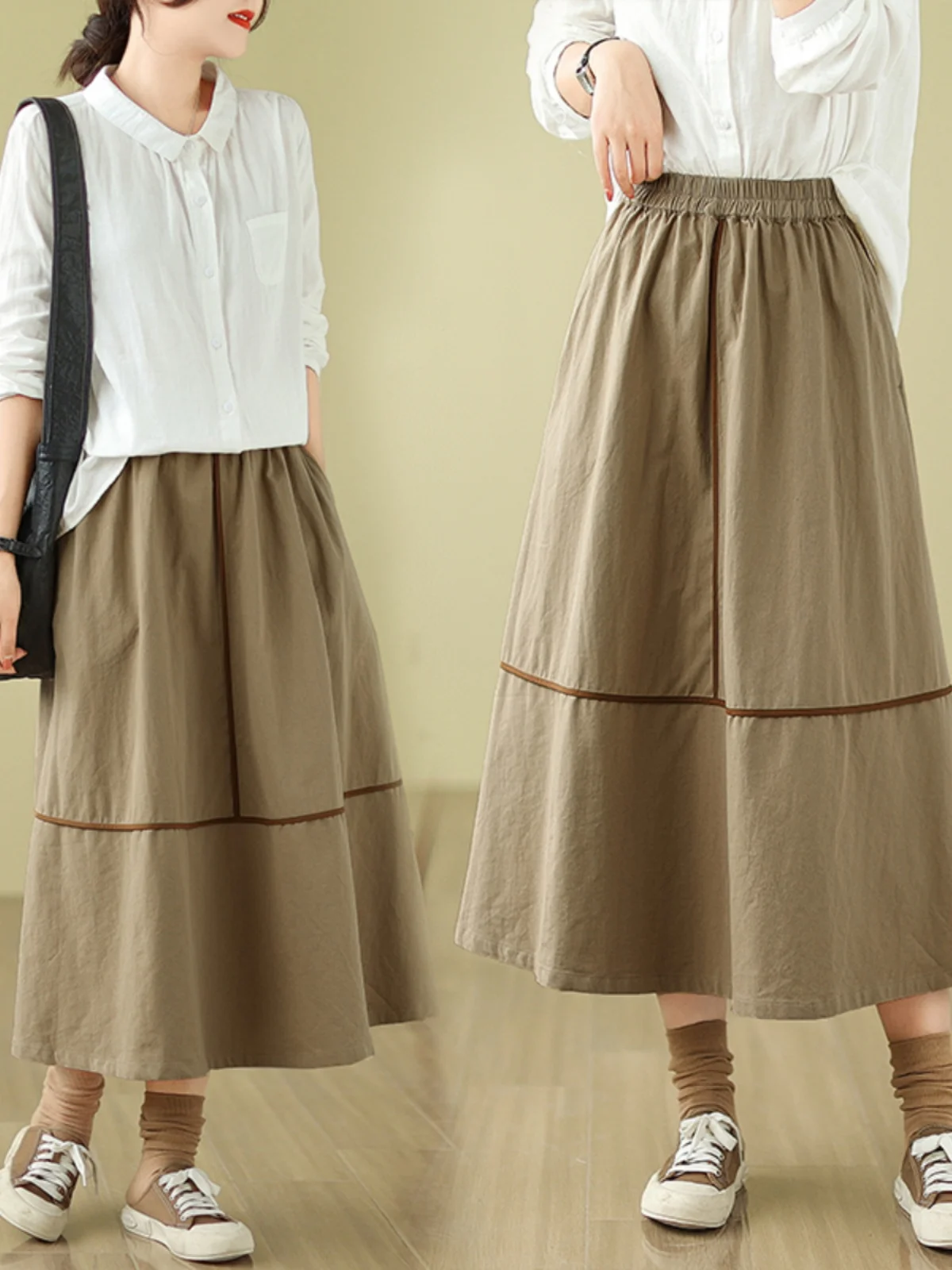 Kaki kleur puur katoen A-lijn rok dames retro kleur Blo elastische taille afslankende midi rok woon-werkverkeer Sle vrijetijdskleding