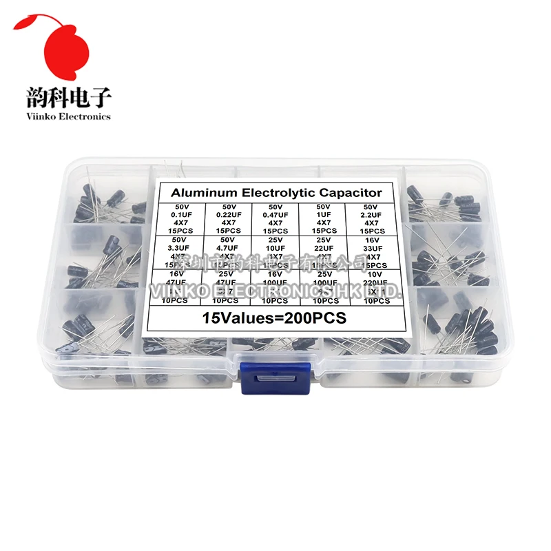 

200pcs Electrolytic Capacitor Assorted Kit 15Values 0.1UF - 220UF 10V 16V 25V 50V 100UF 47UF 22UF 10UF Aluminum Capacitance Box