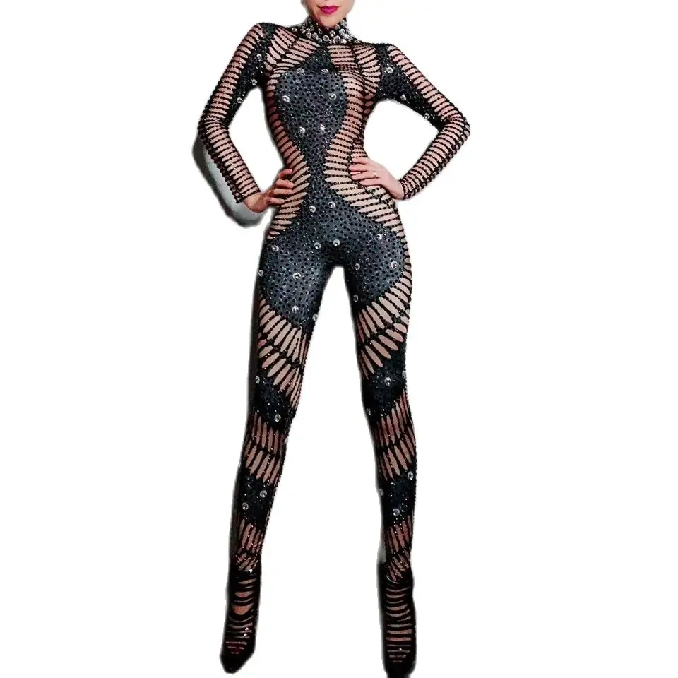 

Crystals Rhinestones Spandex Stretch Jumpsuit Women Evening Party Outfit Sexy Dance Costume Nightclub Black Singer Bodysuit