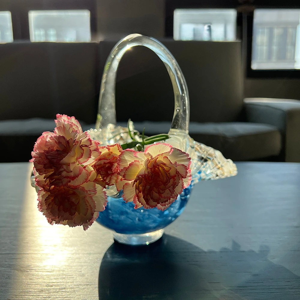 Custom basket, flower basket, vintage hand made glass fruit basket, household vase ornament