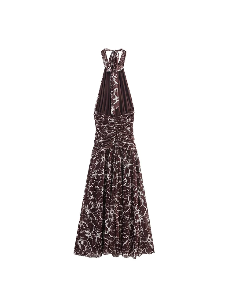 Stile europeo e americano autunno nuova moda abbigliamento femminile senza maniche scollo all'americana abito lungo senza schienale in tulle stampato