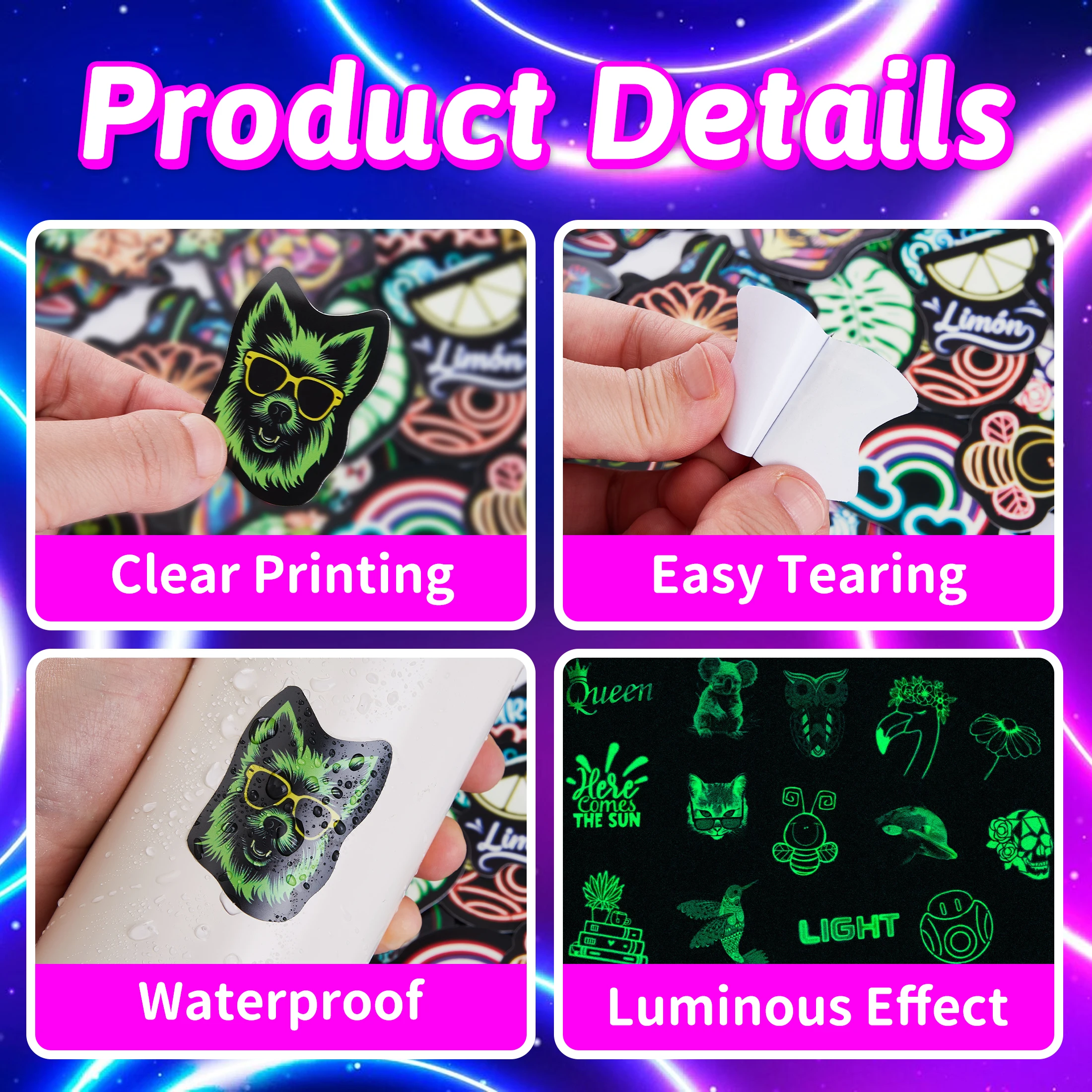 70 adesivi per bottiglie d'acqua al neon che si illuminano al buio per bambini, decalcomanie per laptop colorate e fresche per adulti, skateboard in vinile impermeabile