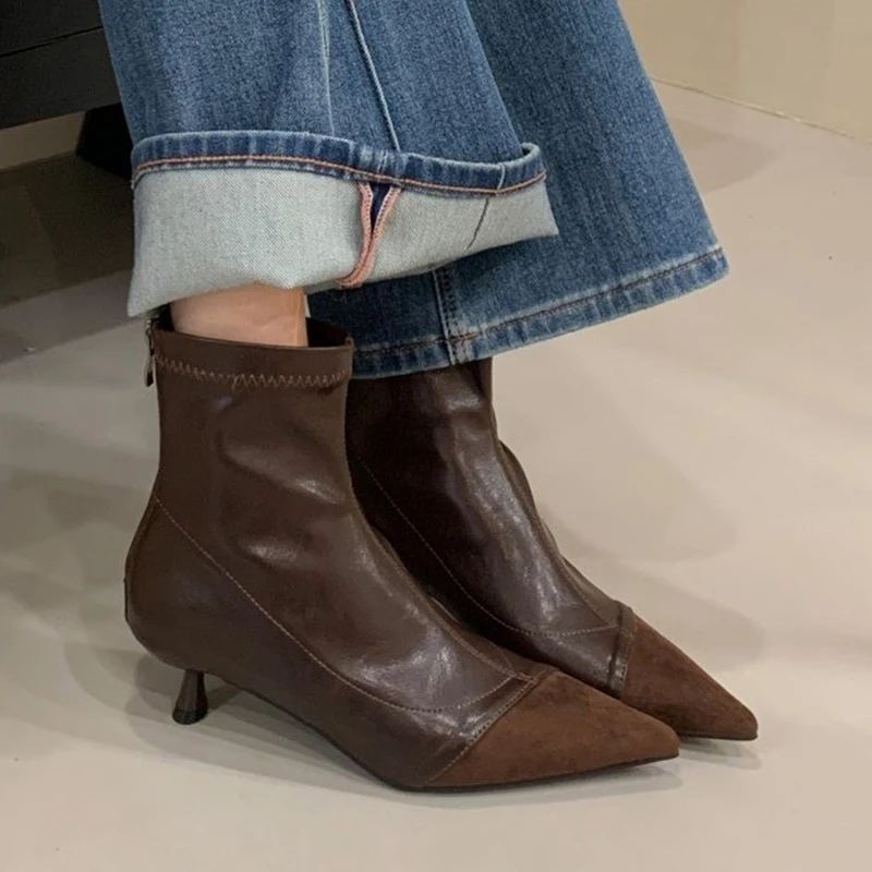

Luxury Brand Women Ankle Boots Pointed Toe Heeled Shoes Winter 2025 Woman Sexy Leather Boots Zip Shoes Chelsea Short Boots Mujer