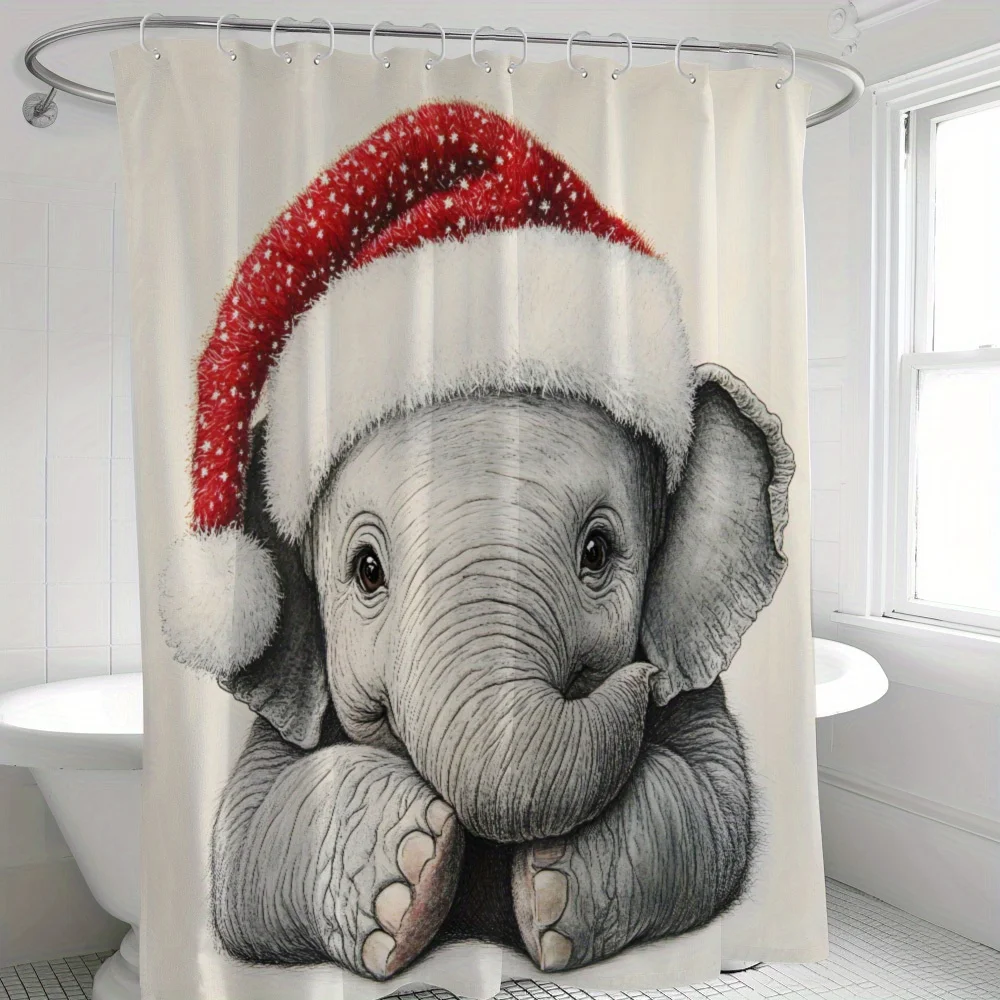 Cute Christmas Elephant Shower Curtain Holiday Bath Decor Cartoon Xmas Animal Waterproof Bathroom Decor Accessories for Shower