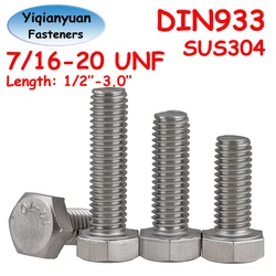 Yiqianyuan 7/16-20 UNF DIN933 Hexagon Head Screw SUS304 Stainless Steel External Hexagon Head Bolts Full Threaded Up To The Head