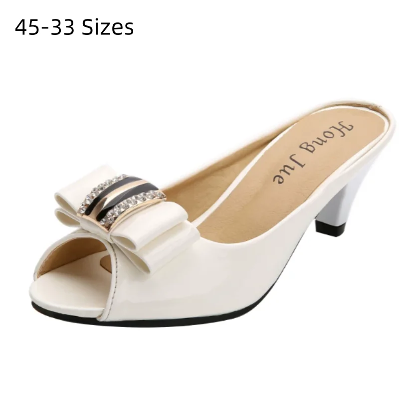 

Women Barefoot Casual Slides with Metal Bowtie Auto-Leather Peep Toe Pull On Spike Heels Slippers 4.5cm Med Heed Shoes White 9