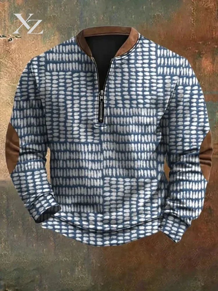 Men's Autumn 2026 New Zip-Up Pullover Sweatshirt Vintage 3D Textured Colorblock Print Long Sleeve Zipper