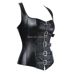 Leather Corset Top Woman Zip Leather Corset Buckle Bustier SteamPunk Gothic Studded Corset Corselet Straps Vest Plus Size Black