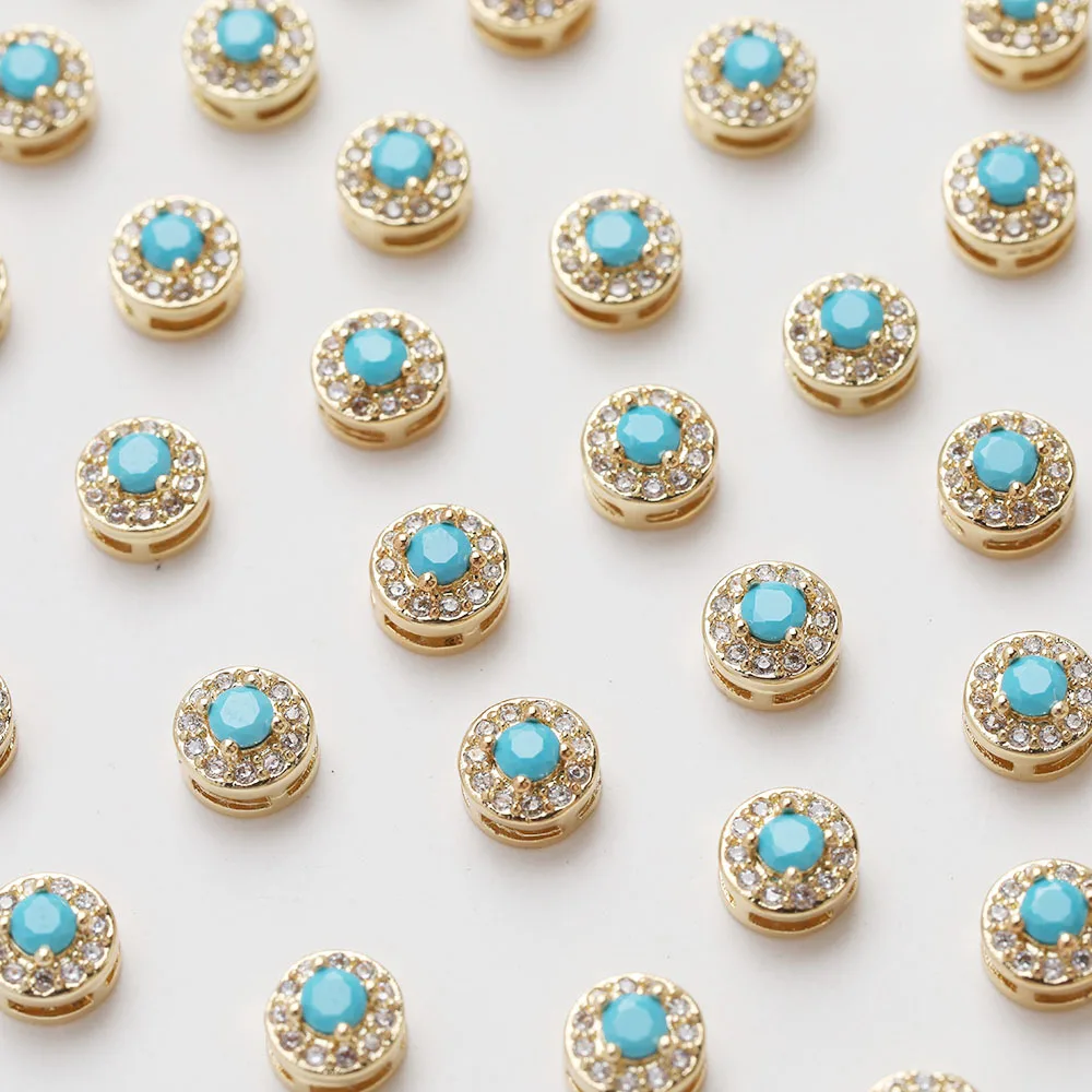 4PCS 14K Gold Plated Vintage Round Inlaid Turquoise Zircon Beads DIY Making Supplies Necklace Bracelet Material Accessories