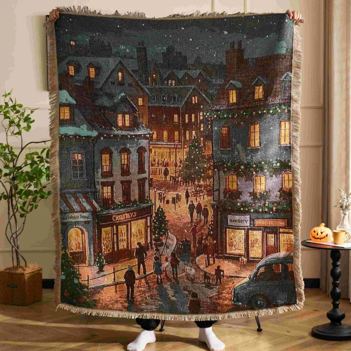 

Textile City Christmas Town Scene Blanket with Snowy Night Vintage Cars & Holiday Lights Cozy Decor for Festive Snuggles