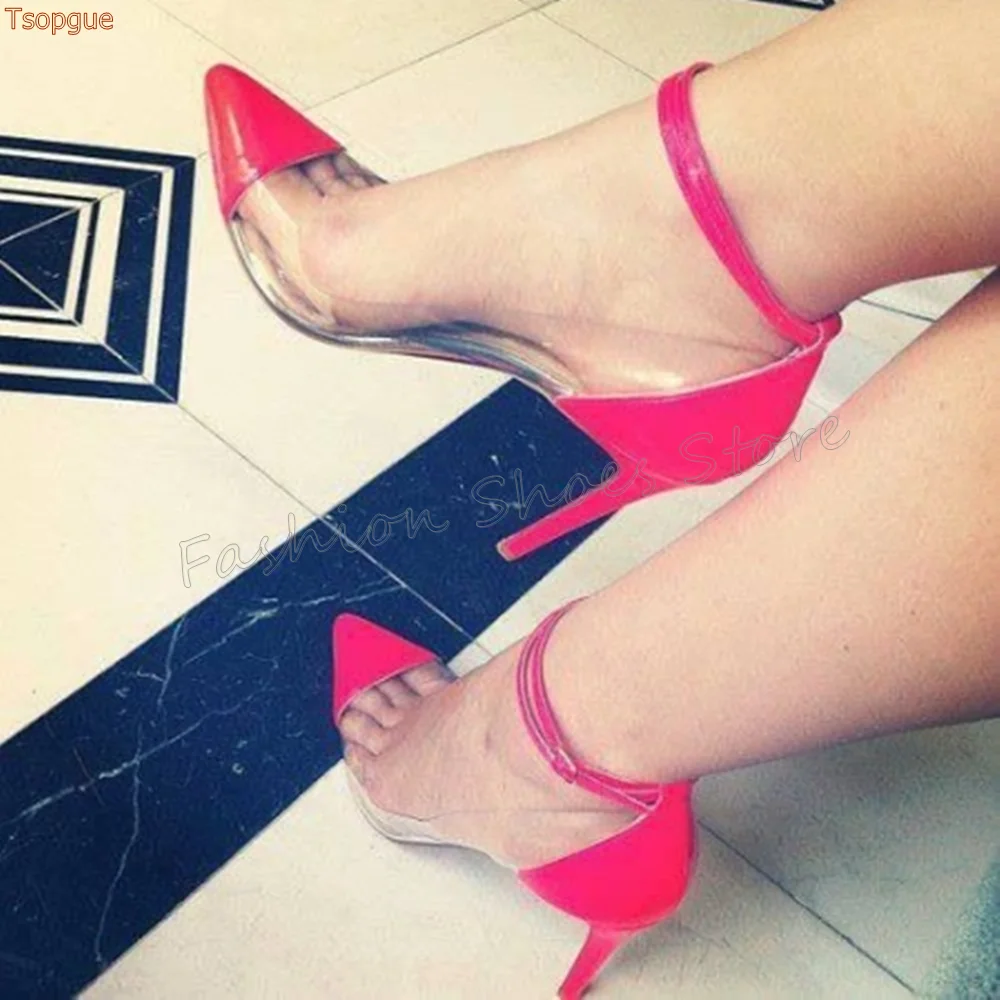 

Red PVC Splicing Pointed Toe Pumps Ankle Strap Thin High Heels High Heel Shoes for Women Sexy Heels 2025 New Zapatos Para Mujere