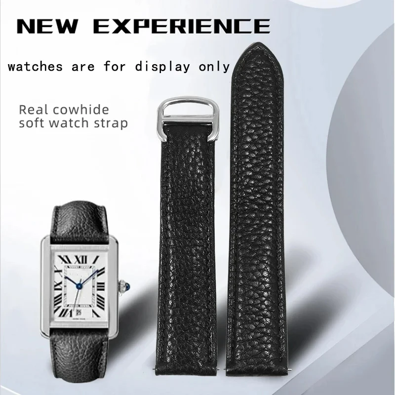 17 23 25mm Watch Strap Black Genuine Leather Wristband Folding Buckle For Cartier Tank Solo Male\'s Watchbands Quick Release