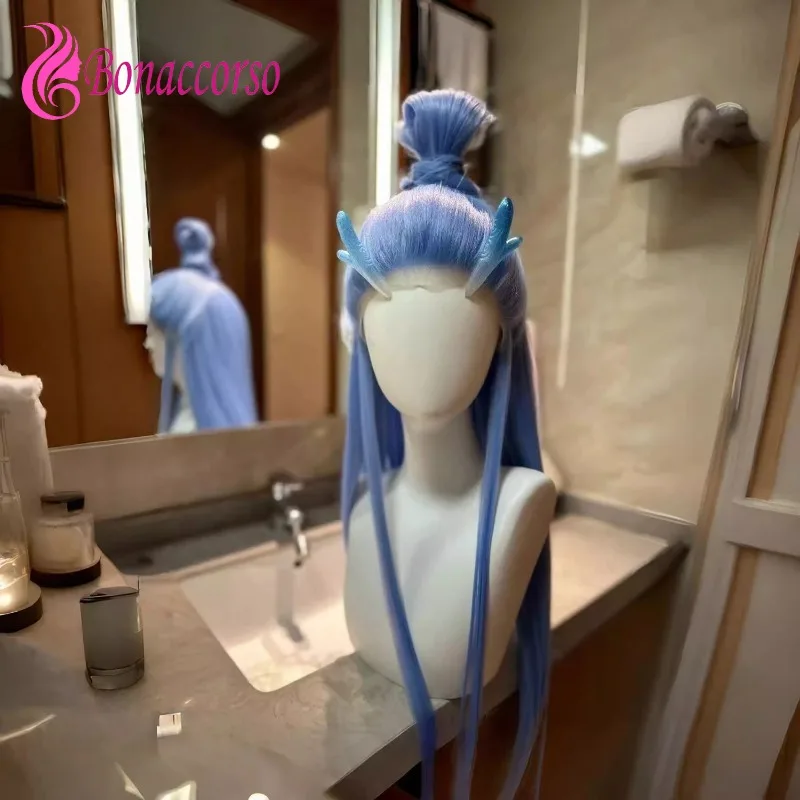 

Nezha 2 Orange Dragon Prince Cosplay Wig Light Blue With Dragon Horn Synthetic Long Straight Wig Anime Coser Wig Halloween Party