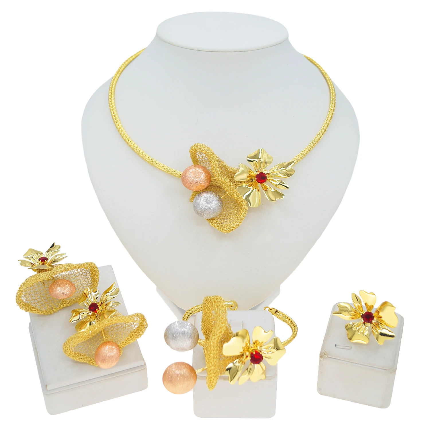 Gold Plated Jewelry Sets for Women Flower Pendant Necklace Earrings 4pcs Set Wedding Jewelry Accessories Party Gifts