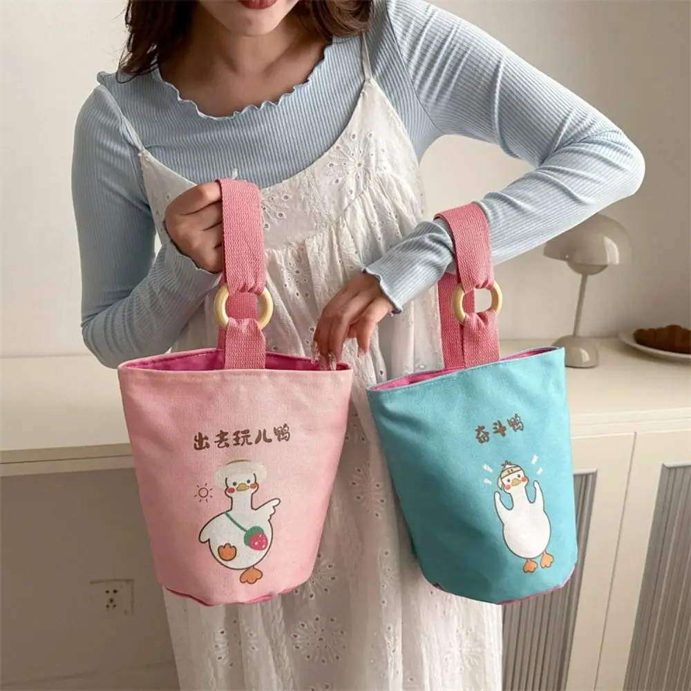 

Portable Printed Canvas Bucket Bag Large Capacity Lunch Bag Print Handbag Korean Style Duck Storage Bag Mommy Bag