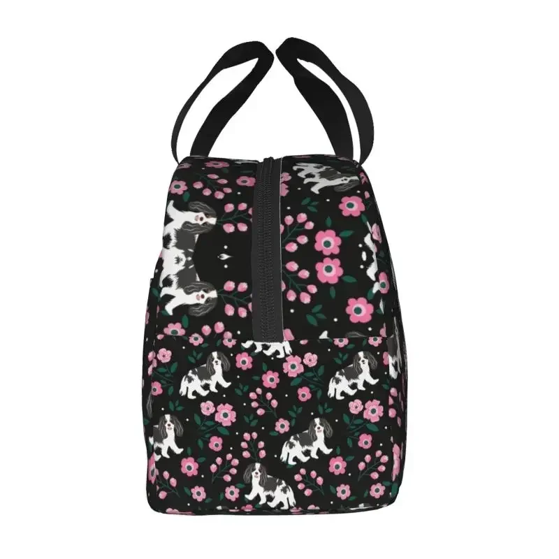 Black White Cavalier King Spaniel Dog Insulated Lunch Bag Playing At Night In A Garden Cooler Thermal Lunch Box Children