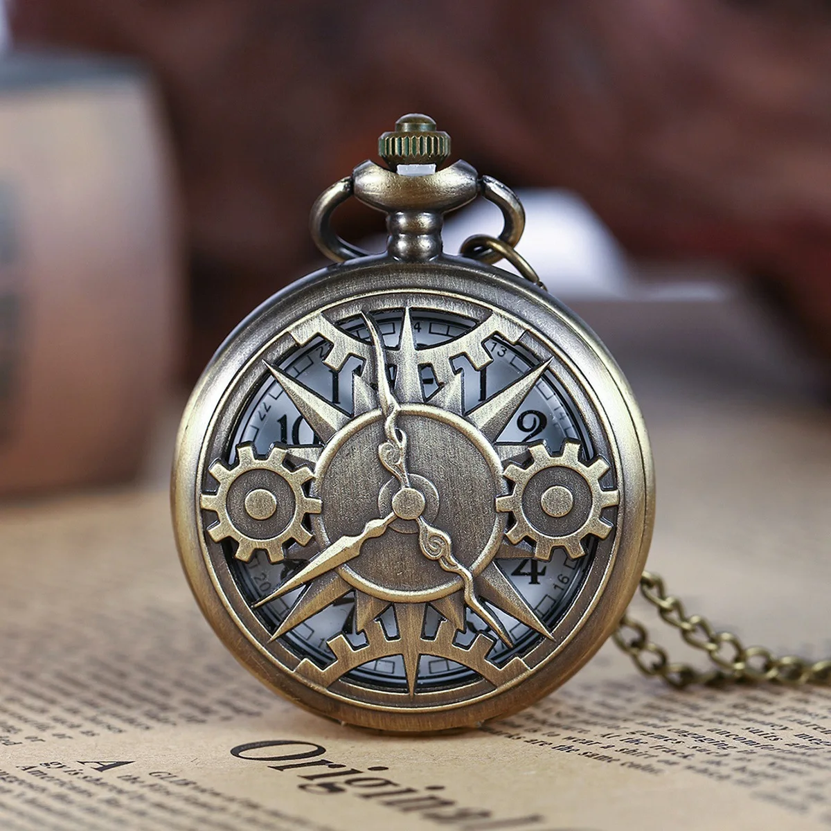 Montre de poche à Quartz en Bronze Antique Steampunk, mouvement à engrenage creux, pendentif cadeau avec chaîne pour garçons et hommes