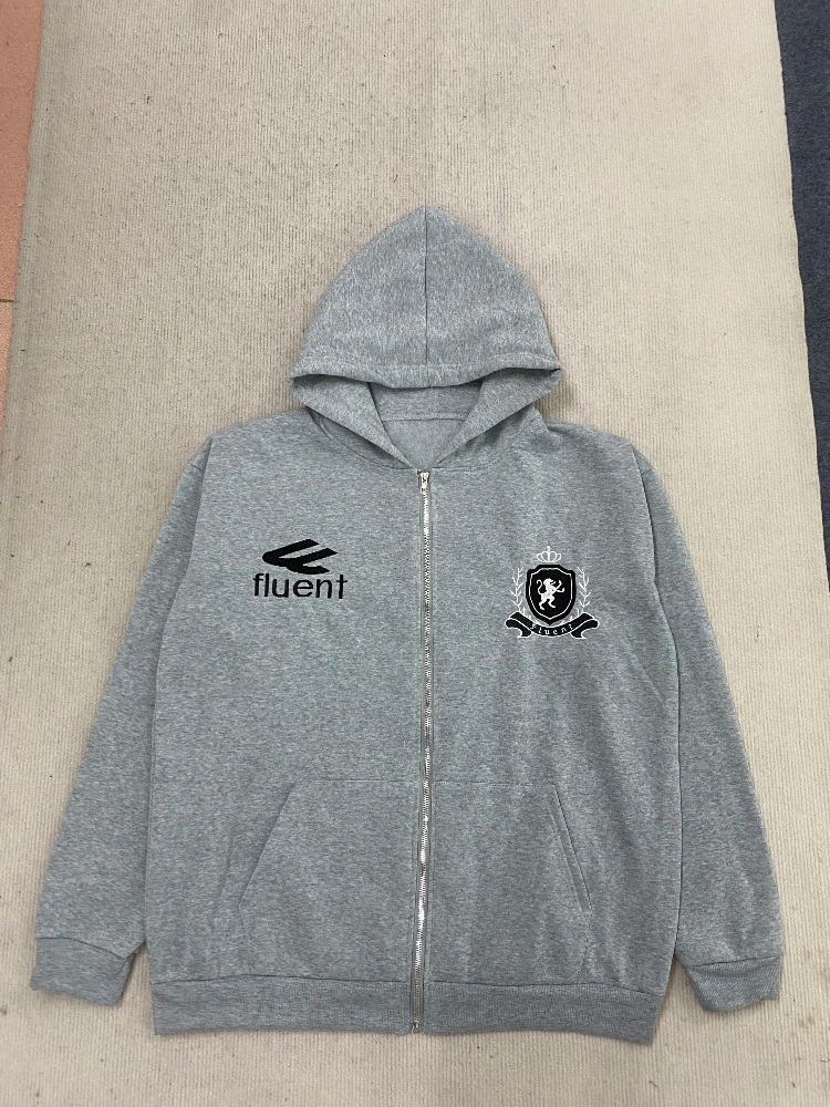 Hip hop zipper solid color spray printed hoodie for both men and women, loose fitting clothing, warm and versatile in autumn