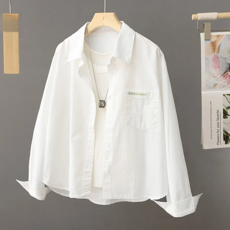 

Шикарная короткая куртка-рубашка для женщин: модный красивый топ в корейском стиле, повседневный свободный крой, длинный рукав, воротник, смесовая хлопковая ткань