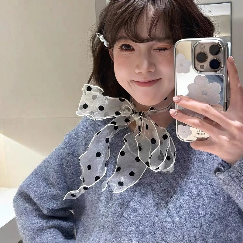 {MAX-66} Fashionable Lace Mesh Polka Dot Scarf For Women Summer Lightweight Sweet Versatile Neck Accessory With Ribbon
