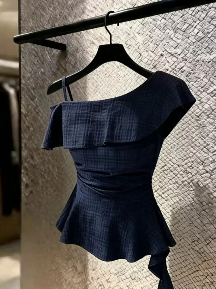 

Elegant Summer Shirt Women's Style Loose Fit Short Sleeve Pleated Side Shoulder Tie Waist No Sleeve Plaid Top