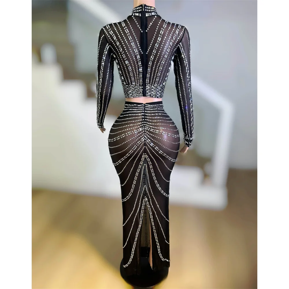 Haut court en maille noire avec strass transparents, jupe longue, tenue pour femmes, fête d'anniversaire, discothèque, Bar, ensemble 2 pièces, Costume de scène