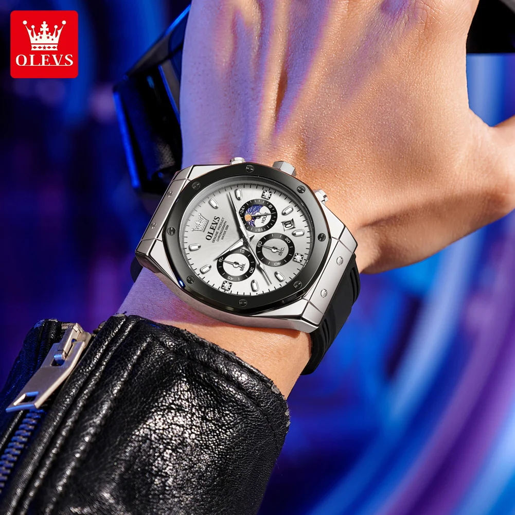 OLEVS 9911 Reloj para hombre, Reloj de cuarzo luminoso resistente al agua para hombre, Reloj de pulsera deportivo con tres esferas pequeñas, cronógrafo y fecha